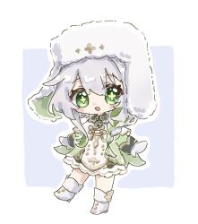  1girl blush capelet commentary_request cross-shaped_pupils deformed dress full_body genshin_impact gold_trim green_dress green_eyes hair_between_eyes hand_up hat long_sleeves looking_at_viewer masikii_13 nahida_(genshin_impact) nahida_(nord_express)_(genshin_impact) official_alternate_costume open_mouth shoes simple_background solo standing standing_on_one_leg symbol-shaped_pupils white_background white_capelet white_hair white_hat white_shoes 