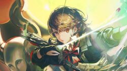 1girl archery_shooting_glove arknights armband arrow_(projectile) belt black_gloves black_jacket bow_(weapon) brown_eyes brown_hair cardigan close-up closed_mouth collared_shirt demon_(megami_tensei) energy energy_arrow game_asset gloves green_moon highres holding holding_arrow holding_bow_(weapon) holding_weapon horns isis_(persona) jacket lips moon non-web_source official_art open_clothes open_jacket partially_fingerless_gloves persona persona_(summon) persona_3 persona_3_reload pink_cardigan red_armband s.e.e.s shirt short_hair shoulder_belt solo standing swept_bangs takeba_yukari weapon white_belt white_shirt 