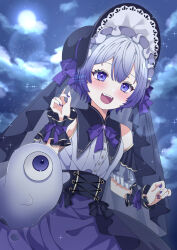  1girl :d artist_name bare_shoulders blue_shirt blue_skirt bow buttons character_request chest_jewel clouds commentary_request copyright_request creature cross-laced_clothes cross-laced_dress frilled_hat frilled_wrist_cuffs frills gradient_hair hat hat_bow highres making-of_available moekaki426 moon multicolored_hair night open_mouth outdoors puritan_collar purple_bow purple_nails shirt short_hair skirt sky smile solo teeth twitter_username upper_teeth_only violet_eyes virtual_youtuber wrist_cuffs 