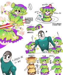  >_< 1boy 1girl 33mirencho annoyed cherry cherry_ornament child commentary_request defective_pudding disembodied_torso dismemberment dress energy_sword food fruit gradient_hair green_dress green_hair humanization laser lightsaber long_sleeves multicolored_hair multiple_girls multiple_views mutilation open_mouth personification purple_hair rhythm_tengoku rhythm_tengoku_miracle_stars robot s-catch-01 short_hair simple_background smile squiggle sword teeth thigh-highs tongue tongue_out transformation twintails weapon white_background 