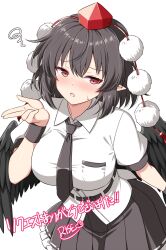  1girl bird_wings black_necktie black_skirt black_wings blowing_kiss blush breasts brown_hair collared_shirt commentary_request commission embarrassed feathered_wings hat heart highres large_breasts looking_at_viewer necktie pleated_skirt pointy_ears pom_pom_(clothes) puffy_short_sleeves puffy_sleeves red_eyes red_hat ribbon-trimmed_skirt ribbon_trim rise_(rise19851203) shameimaru_aya shirt short_sleeves signature skeb_commission skirt solo tokin_hat touhou translation_request variant_set white_shirt wings 