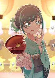  1girl alternate_hairstyle blue_hair blush braid candy_apple commentary_request delicious_party_precure festival flat_chest food food_focus fuwa_kokone green_eyes green_kimono heart_cure_watch highres holding holding_food japanese_clothes kimono licking_lips long_sleeves looking_at_viewer mask offering_food pov precure shade solo tiler_(tiler00) tongue tongue_out yukata 