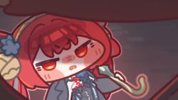  1girl black_skirt blurry blush blush_stickers brown_background chibi chibi_only commentary_request depth_of_field hairband highres jitome korean_commentary long_hair long_sleeves looking_at_viewer monyami nose_blush outline parted_lips red_eyes red_hair red_outline shirt skirt solo suoming_(wuthering_waves) twintails upper_body v-shaped_eyebrows white_shirt wuthering_waves yellow_hairband 