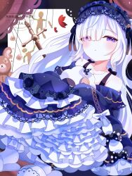  1girl bare_shoulders black_ribbon blue_dress blue_hairband bow commentary crescent crescent_necklace drawing_mannequin dress dress_bow frilled_dress frilled_hairband frilled_sleeves frills full_body gothic_lolita hair_over_one_eye hair_ribbon hairband highres holding holding_stuffed_toy jewelry lolita_fashion lolita_hairband long_hair long_sleeves mahou_shoujo_no_majo_saiban natsume_an-an necklace ninao off-shoulder_dress off_shoulder polka_dot polka_dot_bow ribbon sitting sleeve_bow sleeves_past_fingers sleeves_past_wrists slippers solo stuffed_animal stuffed_sheep stuffed_toy teddy_bear untranslatable_commentary violet_eyes watermark white_hair white_slippers wide_sleeves 