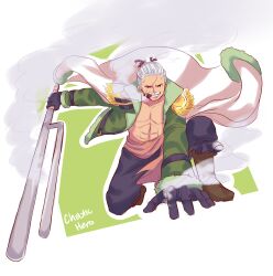 1boy abs artist_name boots brown_boots caydeus coat coat_on_shoulders commentary epaulettes full_body gloves highres holding holding_weapon jacket jitte looking_at_viewer male_focus on_one_knee one_piece one_piece:_stampede smoker_(one_piece) solo weapon white_hair 