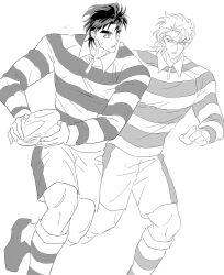  00000_zz78 2boys ball collared_shirt commentary_request dio_brando full_body greyscale highres jojo_no_kimyou_na_bouken jonathan_joestar korean_commentary long_sleeves looking_ahead looking_at_another male_focus monochrome multiple_boys open_mouth phantom_blood rugby rugby_ball rugby_uniform running shirt short_hair shorts simple_background sketch sportswear striped_clothes striped_shirt sweat toned toned_male white_background 