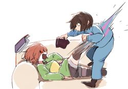  1boy 1girl book breasts brown_hair chara_(undertale) commentary_request couch food frisk_(undertale) genderswap genderswap_(otf) genderswap_(otm) green_sweater holding holding_food kicking long_sleeves nnnutreu04 no_pupils open_mouth red_eyes shirt short_hair shorts simple_background striped_clothes striped_sweater sweat sweatdrop sweater undertale utdr_(toby_fox) white_background 