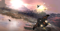  aircraft airplane astra_militarum bomber bridge cityscape clouds concept_art contrail eddygonzlezdvila explosion fictional_aircraft flying highres marauder_bomber military_vehicle no_humans red_sky science_fiction sky sparks sunset vehicle_focus war warhammer_40k 