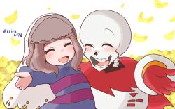  1boy 1other 2022 2d adapted_costume ambiguous_gender armor artist_name blue_dress brown_hair cape child closed_eyes digital_media double_horizontal_stripe dress duo flower frisk_(undertale) gloves happy horizontal-striped_clothes human humanoid long_sleeves male monster monster_boy open_mouth outstreched_arms papyrus_(undertale) petals pink_stripes red_cape red_gloves ruppina531 short_hair skeleton smile striped_clothes striped_dress teeth tongue two-tone_dress undead undertale upper_body utdr_(toby_fox) veil white_armor white_background white_veil yellow_flower yellow_petals yellow_trim 