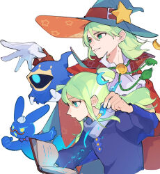  1boy 1girl ascot blue_cape blue_eyes blue_hat blue_robe book cape clenched_hand commentary_request crescent crescent_hair_ornament familiar floating ghost glasses gloves green_eyes hair_ornament half_updo hat hat_ornament highres holding holding_book holding_pen long_hair looking_ahead magic marvett_(puyopuyo) medium_hair mr._rabbisuke nib_pen_(medium) one-eyed open_book orange_hat parted_lips pen pen_(medium) puyopuyo puyopuyo_quest rabbit red_cape red_shirt robe rozatte_(puyopuyo) semi-rimless_eyewear shirt simple_background smile star_(symbol) star_hat_ornament tassel traditional_media turning_head two-sided_cape two-sided_fabric two-sided_headwear urolo white_ascot white_background white_gloves witch_hat yellow_eyes 