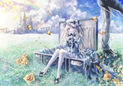  1girl 4ikur0 alice_(arcaea) arcaea black_shoes blonde_hair blue_dress blue_eyes bow box bug butterfly castle chinstrap clouds commentary_request dress flower frilled_dress frills full_body gloves grass hat hat_bow hat_ornament highres holding holding_stuffed_toy in_box in_container juliet_sleeves layered_dress long_hair long_sleeves looking_at_viewer outdoors pantyhose puffy_sleeves rose shoes sitting sky solo stuffed_animal stuffed_rabbit stuffed_toy white_gloves white_hat white_pantyhose yellow_butterfly yellow_flower yellow_rose 