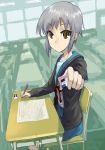  cardigan classroom desk eraser mechanical_pencil nagato_yuki pencil short_hair silver_hair suzumiya_haruhi_no_yuuutsu 