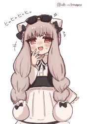  1girl apron black_bow blush bow braid commentary commentary_request hat highres laughing long_hair magical_girl mahou_shoujo_ikusei_keikaku mahou_shoujo_ikusei_keikaku_criminal_sisters maid nokko-chan open_mouth red_eyes sunglasses translation_request twin_braids untranslatable_commentary v8y_vkaname white_background 