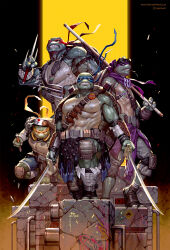  4boys artist_name bandaged_arm bandaged_leg bandages baseball_cap belt blank_eyes blue_mask blue_shorts bo_staff bracer clenched_teeth commentary denim denim_shorts donatello_(tmnt) dual_wielding embers english_commentary facing_viewer goggles goggles_on_head hat highres holding holding_nunchaku holding_polearm holding_sword holding_weapon in-hyuk_lee katana knee_pads leonardo_(tmnt) male_focus mask michelangelo_(tmnt) mouth_mask multiple_boys ninja_mask nunchaku on_one_knee orange_mask polearm purple_mask raphael_(tmnt) red_mask sai_(weapon) shorts standing sword teenage_mutant_ninja_turtles teeth turtle_boy turtle_shell veins veiny_arms weapon 