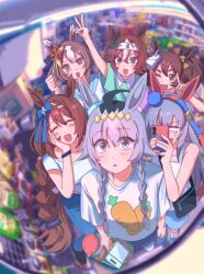  ahoge animal_ears arm_up bamboo_memory_(umamusume) bare_shoulders blue_eyes blue_hairband blue_pants blue_shirt blush bow braid breasts brown_eyes brown_hair cellphone closed_eyes collarbone commentary_request dog_for_amami ear_bow ear_covers fang fox_mask fox_shadow_puppet green_eyes green_shirt grey_hair hair_between_eyes hair_ornament hairband headband highres holding holding_phone horse_ears horse_girl inari_one_(umamusume) korean_commentary large_breasts long_hair mask mask_on_head mirror multicolored_hair multicolored_hairband multiple_girls oguri_cap_(starlight_beat)_(umamusume) oguri_cap_(umamusume) one_eye_closed open_mouth pants phone pinwheel pinwheel_hair_ornament red_headband reflection reflection_focus shirt shopping_basket short_hair short_sleeves smile streaked_hair striped_clothes striped_hairband super_creek_(umamusume) tail taking_picture tamamo_cross_(umamusume) twin_braids twintails two-tone_hairband umamusume umamusume:_cinderella_gray v very_long_hair white_hair white_headband white_shirt yaeno_muteki_(umamusume) 