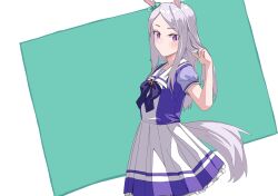  1girl animal_ears aqua_bow blush bow bowtie breasts closed_mouth ear_bow ear_ribbon horse_ears horse_girl horse_tail itou_ebiko long_hair mejiro_mcqueen_(umamusume) pleated_skirt puffy_short_sleeves puffy_sleeves purple_bow purple_bowtie purple_hair purple_shirt sailor_collar sailor_shirt school_uniform shirt short_sleeves skirt small_breasts solo tail tracen_school_uniform umamusume violet_eyes white_sailor_collar white_skirt 