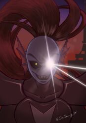  1girl 2d alternate_form anthro armor artist_name black_sclera blue_skin breastplate colored_sclera colored_skin colored_teeth concon_g_55 digital_media ear_fins female female_only fins fish fish_girl genocide_route_(undertale) glowing glowing_eye gradient_background head_fins high_ponytail highres long_hair looking_at_viewer monster monster_girl open_mouth ponytail portrait red_background red_hair sharp_teeth slit_pupils solo straight-on teeth twitter_username undertale undyne undyne_the_undying utdr_(toby_fox) yellow_eyes yellow_teeth 