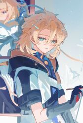  2boys absurdres albedo_(genshin_impact) aqua_eyes black_gloves black_hood blonde_hair blue_background blue_eyes blue_hair blue_shirt braid closed_mouth collared_shirt colored_inner_hair expressionless eyelashes gem genshin_impact gloves gradient_background hair_between_eyes half-closed_eyes half_up_braid hand_up high_collar highres holding holding_brush hood hoodie ikhor_(genshin_impact) jewelry looking_at_another looking_at_viewer makisa_(wim) male_focus multicolored_hair multiple_boys open_clothes open_hoodie orange_gem paintbrush pendant red_gloves shadow shirt short_hair short_sleeves simple_background solo_focus two-sided_gloves vision_(genshin_impact) white_background white_hoodie white_shirt 