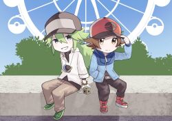  2boys black_pants boots brown_hair brown_pants chibi chibi_only closed_mouth collared_shirt commentary_request day green_hair green_shoes grin hair_between_eyes hand_in_pocket hand_on_headwear hat hilbert_(pokemon) long_hair male_focus multiple_boys n_(pokemon) outdoors pants pants_tucked_in pokemon pokemon_black_and_white red_boots shirt shoes sitting smile teeth undershirt white_shirt yukinoko2200 