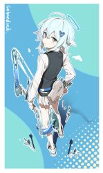  1girl 2t_(vmyz7342) absurdres angel angel_wings blue_hair bow_(weapon) compound_bow grey_eyes grey_vest halo highres holding holding_bow_(weapon) holding_weapon looking_at_viewer looking_back medium_hair original school_uniform shirt skirt solo thighs vest weapon white_shirt white_skirt wings 