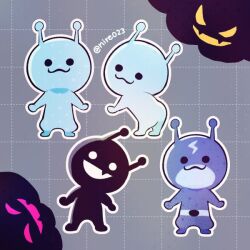  :3 antennae artist_name ass_shake black_eyes closed_mouth colored_skin commentary_request evil_grin evil_smile fangs grey_background grid_background grin looking_at_viewer multiple_views ni_re no_humans open_mouth outline pink_cloud_(rhythm_tengoku) rhythm_tengoku rhythm_tengoku_miracle_stars smile solid_circle_eyes standing superhero_costume teeth twitter_username warping_alien_(rhythm_tengoku) white_outline yellow_cloud_(rhythm_tengoku) 