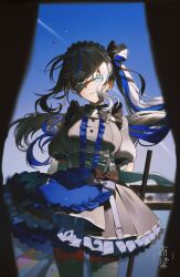  1girl absurdres aokumo_rin aokumo_rin_(1st_costume) apron aqua_bow aqua_eyes black_bow black_ribbon blue_apron blue_streaks bow breasts chaseong closed_mouth colored_eyelashes commentary cowboy_shot dress dress_bow elbow_gloves floating_hair frilled_apron frilled_dress frills gloves grey_bow grey_dress grey_thighhighs hair_bow hair_intakes hair_ribbon highres large_breasts long_hair looking_at_viewer maid maid_apron multicolored_hair perspective ribbon solo stellive streaked_hair thigh-highs twintails untranslatable_commentary virtual_youtuber white_eyelashes white_gloves white_hair zettai_ryouiki 