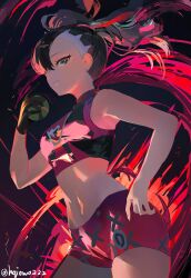  1girl absurdres artist_name asymmetrical_bangs black_choker black_hair black_nails choker commentary dusk_ball facing_to_the_side hair_ribbon hand_on_own_hip highres holding holding_poke_ball looking_at_viewer marnie_(pokemon) midriff navel naz_(hsae3838) official_alternate_costume poke_ball pokemon pokemon_sword_and_shield ribbon solo sportswear team_yell twintails twitter_username two-tone_shirt undercut 