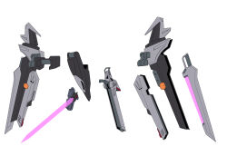  absurdres beam_cannon beam_gun commentary commission directed-energy_weapon energy_blade energy_cannon energy_sword gundam gundam_seed_c.e._73:_stargazer highres ibuki_sakura_(sgw_v07) mechanical_wings no_humans railgun science_fiction simple_background skeb_commission strike_noir sword weapon white_background wings 