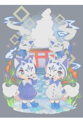  2girls animal_ears blue_boots blue_coat blue_eyes blunt_bangs blush boots bright_pupils buttons child closed_mouth coat commentary_request fish fox fox_ears fox_girl fox_mask fox_tail full_body goldfish grey_background highres holding holding_mask hood hood_up hooded_coat letterboxed mask multiple_girls open_mouth original po!_(popoemo) rubber_boots short_hair smile standing tail thick_eyebrows torii white_coat white_hair white_pupils 