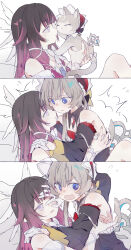 2girls absurdres animal animalization black_dress black_hair blue_eyes blush cat closed_mouth columbina_(genshin_impact) detached_sleeves dress flying_sweatdrops fud genshin_impact gloves grey_cat grey_hair hand_on_another's_face highres holding holding_animal long_hair multicolored_hair multiple_girls parted_lips purple_streaks sandrone_(genshin_impact) streaked_hair transformation violet_eyes white_gloves winding_key yuri 