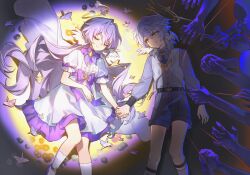  1boy 1girl absurdres aged_down brother_and_sister closed_eyes closed_mouth collared_shirt disembodied_hand dress feet_out_of_frame grey_hair hair_between_eyes hair_spread_out head_wings highres holding_hands honkai:_star_rail honkai_(series) long_hair long_sleeves looking_at_another lying official_alternate_costume on_back pkgllllllv purple_hair robin_(concert_for_two)_(honkai:_star_rail) robin_(honkai:_star_rail) shirt short_hair short_sleeves shorts siblings smile socks spotlight sunday_(concert_for_two)_(honkai:_star_rail) sunday_(honkai:_star_rail) very_long_hair vest white_dress white_socks white_vest white_wings wings yellow_eyes 