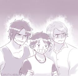  3boys caydeus commentary facepalm freckles greyscale male_focus monkey_d._luffy monochrome multiple_boys one_piece portgas_d._ace sabo_(one_piece) scar scar_on_face short_hair smile tank_top upper_body 