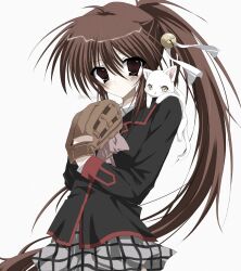  1girl animal_on_shoulder baseball_mitt bell black_jacket blazer bow brown_hair cat cat_on_shoulder collared_shirt grey_skirt hands_up highres jacket jingle_bell little_busters! little_busters!_school_uniform long_hair natsume_rin pink_bow plaid_clothes plaid_skirt ponytail red_eyes school_uniform shirt skirt solo takanashi_(takanya_shi) twitter_username very_long_hair watermark white_cat white_shirt 