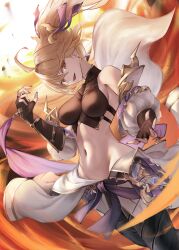  1girl absurdres blonde_hair commentary_request fingerless_gloves gloves granblue_fantasy groin highres mercury_63 mika_(granblue_fantasy) navel ponytail sleeveless solo yellow_eyes 