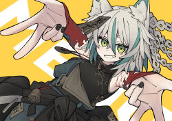 1girl animal_ear_fluff animal_ears aqua_hair aqua_streaks bag bare_shoulders bell belt black_bag black_belt black_nails black_shirt black_sweater blue_overalls blue_sleeves breasts buckle cat_ears chain chains chinese_clothes chinese_commentary choker coin colored_inner_hair commentary cowboy_shot detached_sleeves double-parted_bangs double_v dutch_angle fingernails fishnet_sleeves fishnets flipped_hair gold_trim green_eyes grey_choker grin hair_between_eyes hair_ornament highres large_breasts looking_at_viewer maimoku nail_polish necklace non-web_source ofuda ofuda_on_head original outstretched_arms overalls print_sleeves red_sleeves ribbon shirt simple_background sleeveless sleeveless_shirt smile solo standing strap_slip streaked_hair sweater sweater_around_waist teeth torn_clothes torn_sleeves translation_request turtleneck turtleneck_shirt two-tone_hair v white_background white_hair white_overalls writing yellow_background yellow_overalls zipper_pull_tab