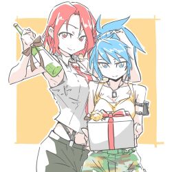  alcohol armpits blue_eyes blue_hair bottle box breasts camouflage camouflage_pants commentary_request crop_top d_sugama dog_tags gift gift_box head_hug highres holding holding_gift leona_heidern mature_female necktie pants ponytail red_hair red_necktie ribbon suspenders tank_top the_king_of_fighters vanessa_(kof) wine wine_bottle yellow_tank_top 
