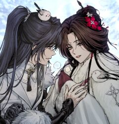  2girls animal_on_head animal_on_shoulder bindi bird bird_on_head bird_on_shoulder brown_hair chief_(path_to_nowhere) chinese_clothes commentary_request facial_mark female_chief_(path_to_nowhere) forehead_mark hair_ornament hairclip hanfu jichuan_(path_to_nowhere) korean_commentary long_sleeves looking_at_another multiple_girls official_alternate_costume official_alternate_hairstyle on_head outdoors parted_bangs path_to_nowhere ponytail qndlrnrwkd smile upper_body yuri 
