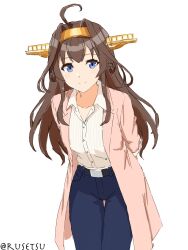  1girl ahoge arms_behind_back artist_name blue_eyes blue_pants brown_hair coat collared_shirt commentary_request denim double_bun dress_shirt hair_bun headgear highres jeans kantai_collection kongou_(kancolle) kongou_(nakau)_(kancolle) leaning_forward long_hair one-hour_drawing_challenge pants pink_coat rusetsu shirt simple_background solo standing thigh_gap white_background white_shirt 