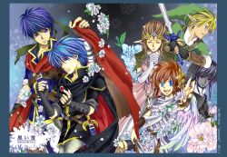  5boys :d blonde_hair blue_eyes blue_hair brown_hair commentary_request cover cover_page dark_link doujin_cover elbow_gloves fire_emblem fire_emblem:_mystery_of_the_emblem fire_emblem:_path_of_radiance flower gloves green_headband headband highres holding holding_sword holding_weapon ike_(fire_emblem) kid_icarus kisaragi_1go link long_hair marth_(fire_emblem) multiple_boys own_hands_clasped own_hands_together phrygian_cap pit_(kid_icarus) pointy_ears princess_zelda shi_(aoi_yuno) short_hair smile super_smash_bros. sword the_legend_of_zelda the_legend_of_zelda:_twilight_princess translation_request weapon 
