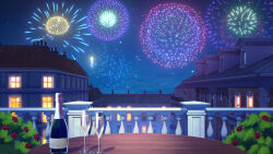  aerial_fireworks alcohol baluster blue_sky bottle brick_wall bush champagne champagne_bottle champagne_flute chimney commentary_request cup dormer drinking_glass english_commentary fireworks flower gable_roof highres mansion mixed-language_commentary muntins night no_humans novish original outdoors paid_reward_available partial_commentary pov_across_table railing red_flower red_rose rooftop rose rose_bush round_table scenery sky star_(sky) table tin_roof variant_set window wooden_table 