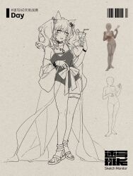  1girl :d angelina_(arknights) angelina_(summer_flower)_(arknights) animal_ears arknights bare_shoulders casual_one-piece_swimsuit chinese_commentary chuan_yu_re_ji clothes_pull cocktail cocktail_glass collar commentary_request cup dot_nose drinking_glass drinking_straw fox_ears fox_girl full_body grapefruit grapefruit_slice greyscale hair_ribbon highres infection_monitor_(arknights) jewelry long_hair long_sleeves looking_at_viewer monochrome necklace one-hour_drawing_challenge one-piece_swimsuit one-piece_swimsuit_pull ribbon ring ring_necklace sandals sketch sketch_inset smile solo spaghetti_strap standing swimsuit swimsuit_cover-up thigh_strap twintails 