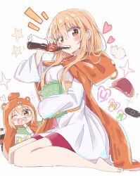  2girls akure1129 bag_of_chips barefoot blonde_hair blush bottle chibi doma_umaru dress drinking heart highres himouto!_umaru-chan holding holding_bottle hood hood_down hugging_object komaru_(himouto!_umaru-chan) long_hair long_sleeves looking_at_viewer multiple_girls orange_cloak orange_eyes seiza simple_background sitting soda_bottle white_background white_dress 