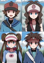 2boys 2girls :d black_shirt black_vest blue_eyes blue_jacket blurry blurry_background brown_eyes brown_hair character_name closed_mouth collarbone commentary_request hat highres hilbert_(pokemon) hilda_(pokemon) jacket multiple_boys multiple_girls nate_(pokemon) open_clothes open_mouth open_vest pokemon pokemon_black_2_and_white_2 pokemon_black_and_white raglan_sleeves red_hat rosa_(pokemon) shirt short_hair smile strap vest video_call white_shirt zakku_(zkpkmn0) zipper_pull_tab 