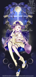  1girl artist_name bare_shoulders blush commentary_request copyright_notice full_body full_moon hand_up hane_segawa hat highres long_hair looking_at_viewer mob_cap moon off-shoulder_shirt off_shoulder one_eye_closed open_mouth original purple_hair shirt short_sleeves shorts sitting slippers socks solo star_(sky) twitter_username very_long_hair violet_eyes watermark window yawning yellow_hat yellow_shirt yellow_shorts yellow_slippers yellow_socks 
