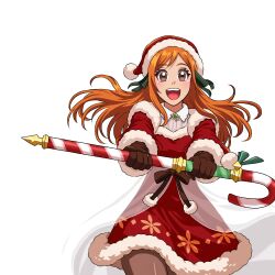  1girl :d alternate_costume b_eaka bleach brown_eyes brown_gloves brown_pantyhose candy candy_cane christmas collared_shirt commentary cowboy_shot dated_commentary dress floating_hair food fur-trimmed_dress fur-trimmed_headwear fur-trimmed_sleeves fur_trim gloves green_ribbon hair_ribbon happy hat holding holding_candy holding_candy_cane holding_food inoue_orihime long_hair long_sleeves looking_at_viewer open_mouth orange_hair outstretched_arms pantyhose red_dress red_hat ribbon santa_costume santa_dress santa_hat shirt simple_background smile solo tareme teeth upper_teeth_only white_background white_shirt 