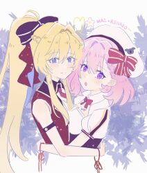  2girls akali_ribbon amaori_renako armband blonde_hair blue_eyes bow bowtie breast_press breasts commentary hair_bow hair_ornament hat highres hug koala large_breasts long_hair multiple_girls necktie ouzuka_mai pink_hair ponytail puffy_sleeves red_bow red_shirt shirt short_hair sidelocks sleeveless symmetrical_docking untranslatable_commentary violet_eyes watashi_ga_koibito_ni_nareru_wake_naijan_murimuri! white_hat white_sleeves 