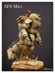  1boy afs arm_cannon armor armor_skirt artist_name assault_visor branch cable combat_helmet commentary english_commentary exhaust_pipe exoskeleton helmet independent_mercenary_army knee_pads krueger maschinen_krieger mecha mechanical_hands model_kit_(medium) power_armor print_armor robot running sand shoulder_armor smoke_grenade_launcher solo solo_focus unconventional_media weapon 