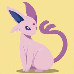  afuron bright_pupils commentary espeon forehead_jewel forked_tail full_body highres no_humans pokemon pokemon_(creature) pokemon_focus solo tail white_pupils yellow_background 