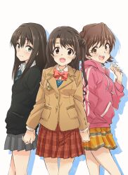  3girls aqua_eyes black_jacket blush bow brown_eyes brown_hair brown_jacket character_request closed_mouth commentary_request drop_shadow eyelashes grey_skirt hair_between_eyes highres holding_hands hood hood_down hooded_jacket idolmaster idolmaster_cinderella_girls jacket long_hair long_sleeves multiple_girls one_side_up open_mouth orange_skirt pink_jacket red_bow red_skirt sekiya_kuzuyu short_hair simple_background skirt smile split_mouth white_background 