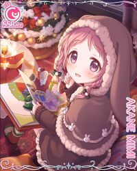  1girl book bow box braid brown_dress candle christmas christmas_tree coat commentary_request dress full_body fur-trimmed_coat fur-trimmed_headwear fur_trim gift gift_box hair_ornament highres indoors long_sleeves looking_at_viewer looking_back mimi_(princess_connect!) mimi_(real)_(princess_connect!) official_art open_mouth pink_eyes pink_hair princess_connect! rabbit_ear_headwear rabbit_ornament santa_claus second-party_source sitting solo sparkle stuffed_animal stuffed_rabbit stuffed_toy table twin_braids 